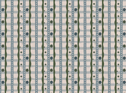 Rodeo check printed cotton, linen union fabric in Blue and Green