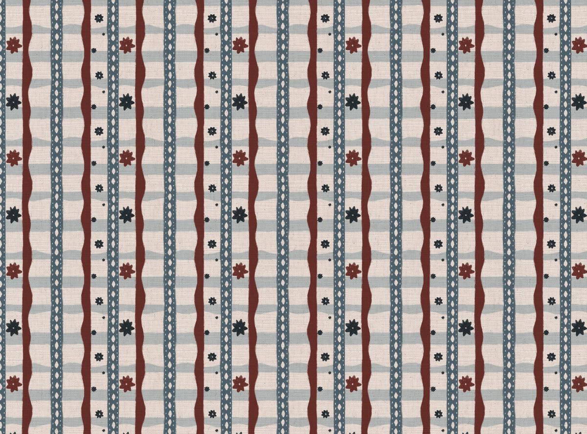 Rodeo check printed cotton, linen union fabric in Red and Blue
