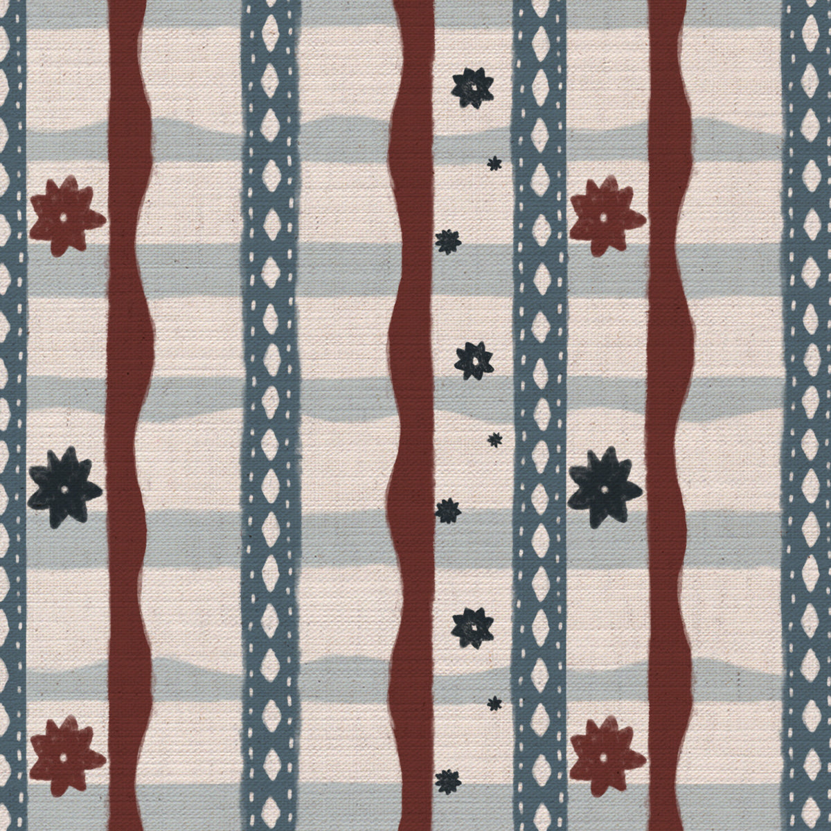 Rodeo check printed cotton, linen union fabric in Red and Blue