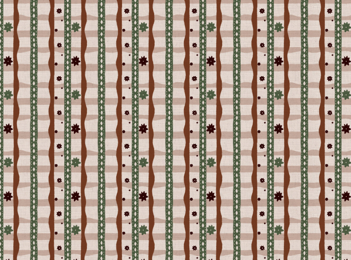 Rodeo check printed cotton, linen union fabric in Rust and Green
