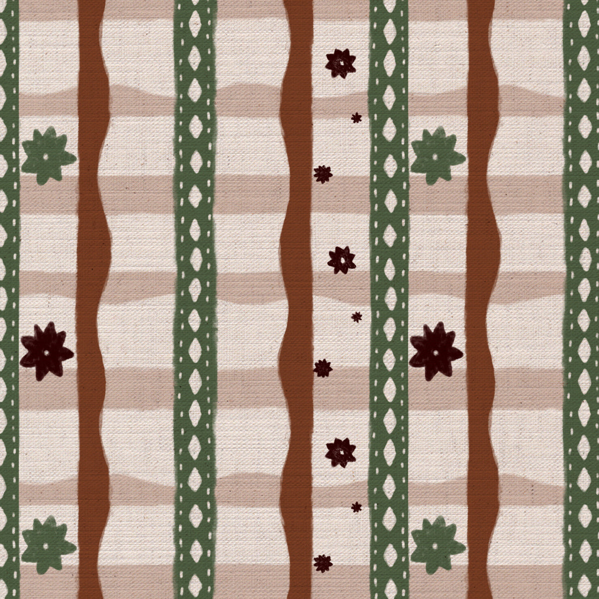Rodeo check printed cotton, linen union fabric in Rust and Green