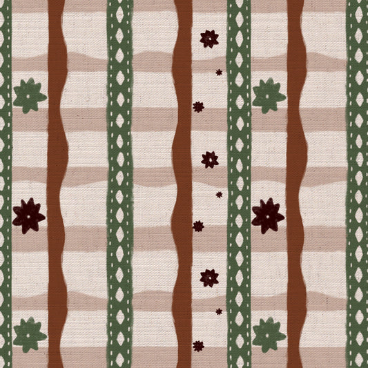 Rodeo check printed cotton, linen union fabric in Rust and Green