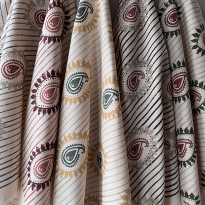 Field flower Paisley linen cotton union fabric in Blue and Terracotta