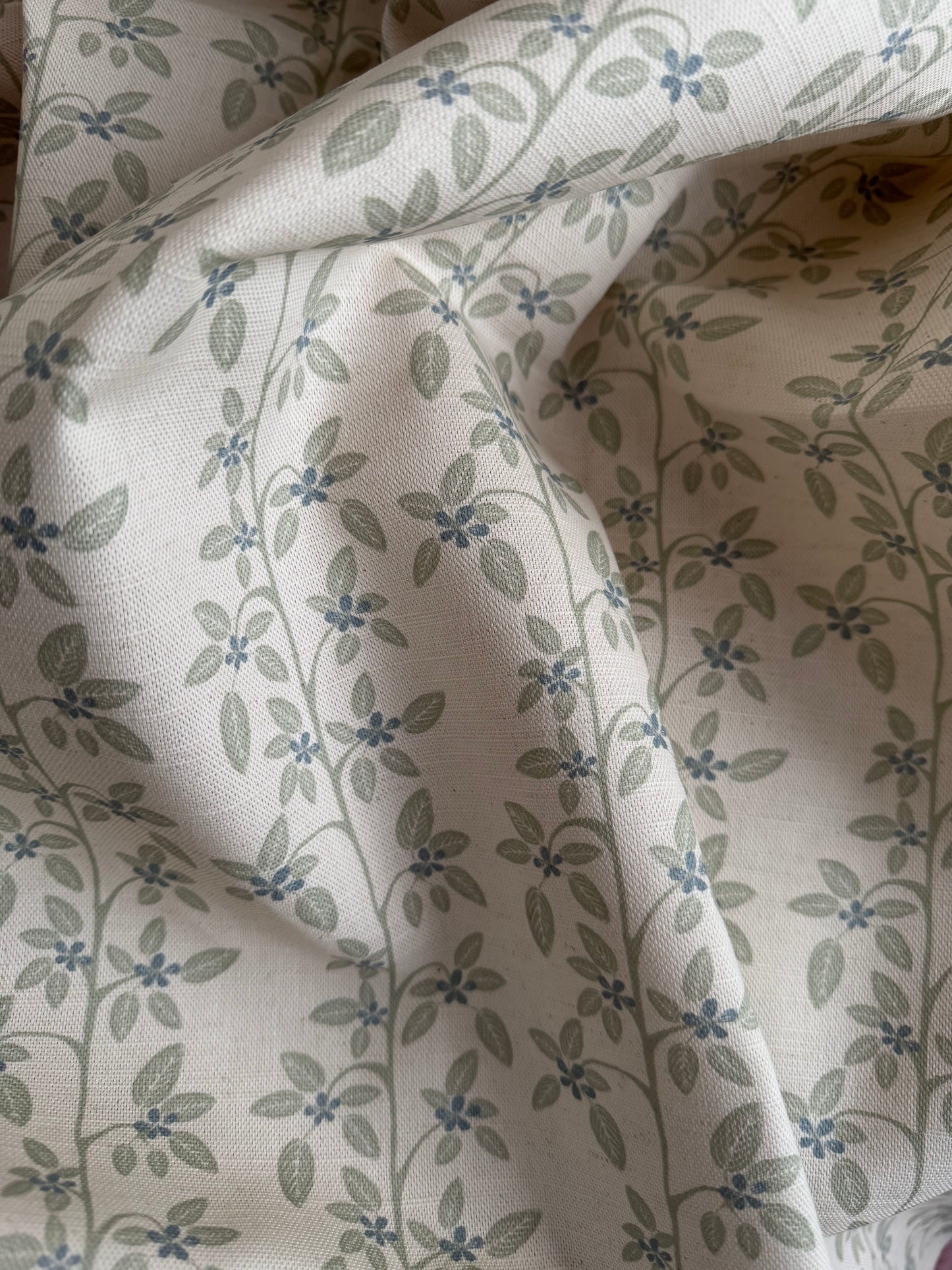 Petite Apple Blossom printed cotton, linen union fabric in Blue