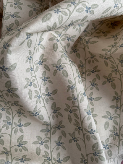 Petite Apple Blossom printed cotton, linen union fabric in Blue