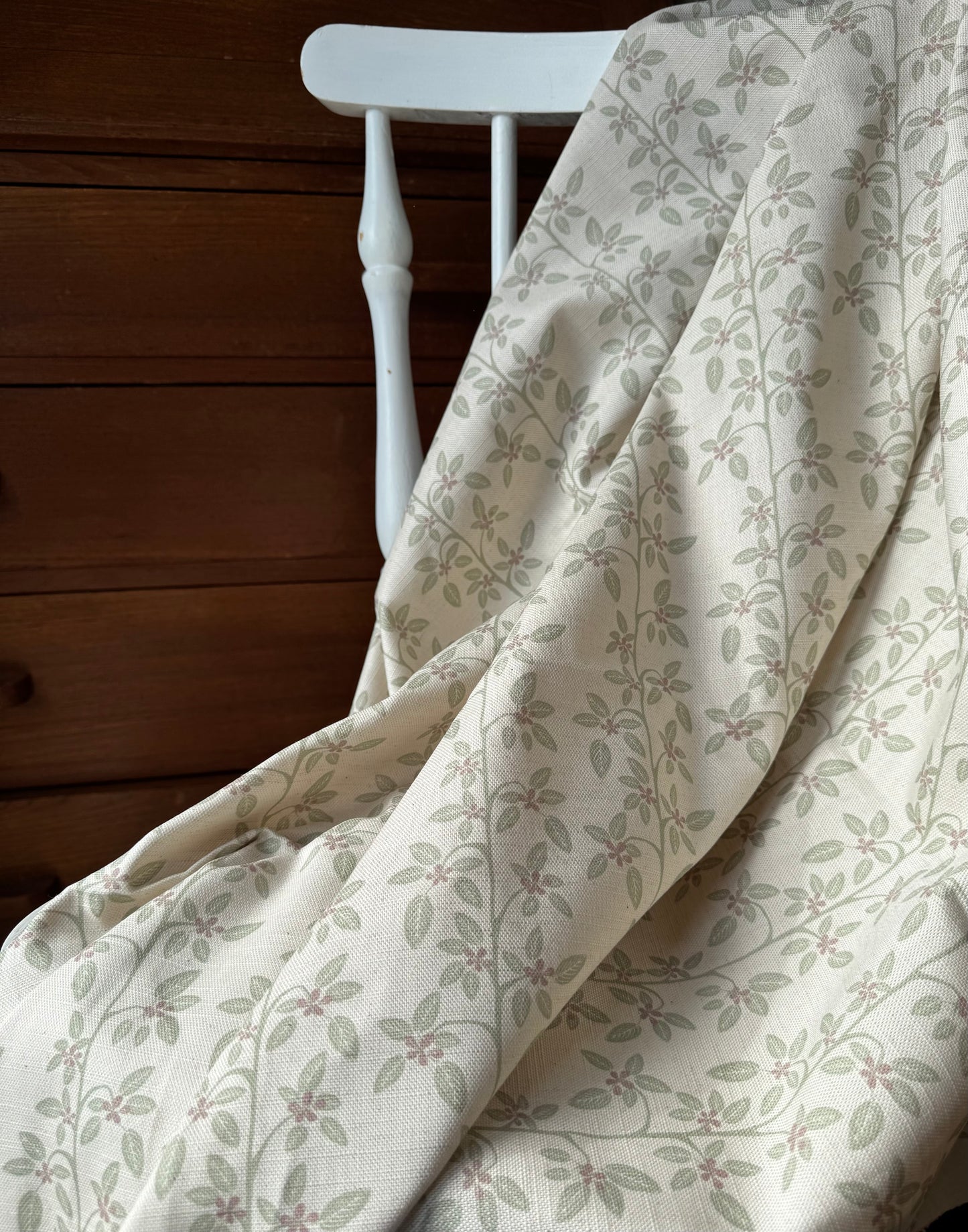 Petite Apple Blossom printed cotton, linen union fabric in Pink